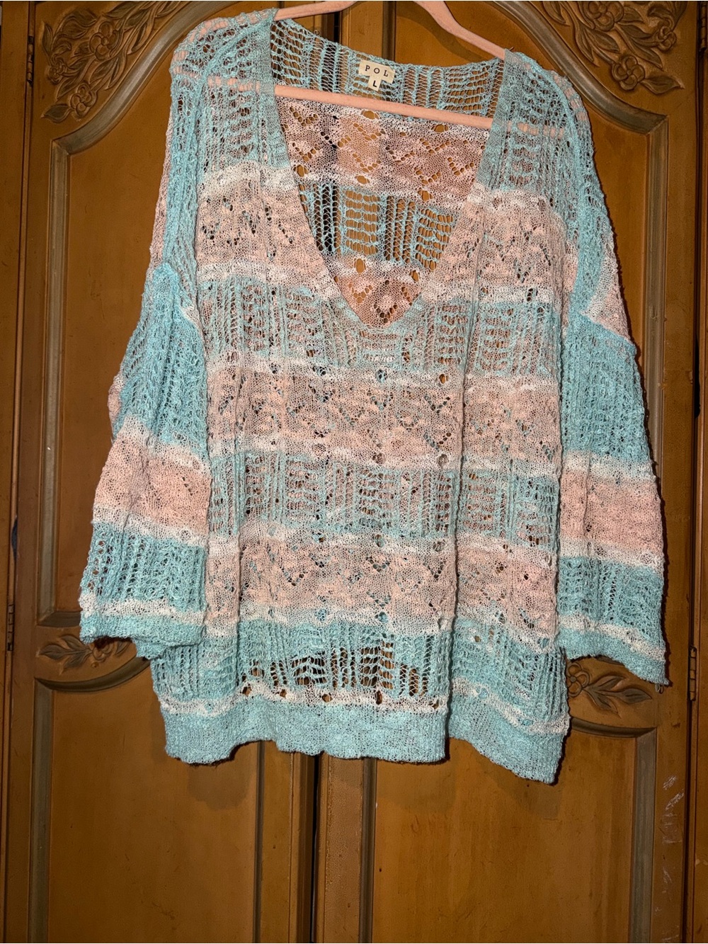 Women’s Pastel Stripe Crochet open knit Beach Cover-Up Sweater - Picture 2 of 6